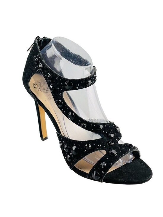Vince Camuto Shoes - Vince Camuto Black Strappy Rhinestone Suede Heels With Back Zipper Closure -